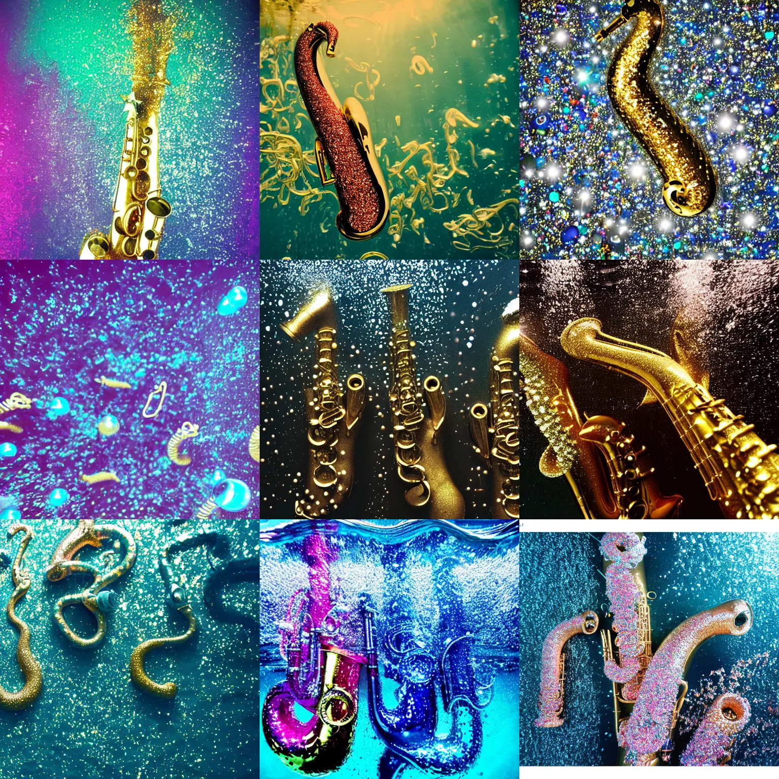 Prompt: glittery saxophones floating underwater, clean, detailed, high contrast photo, Magnum photos