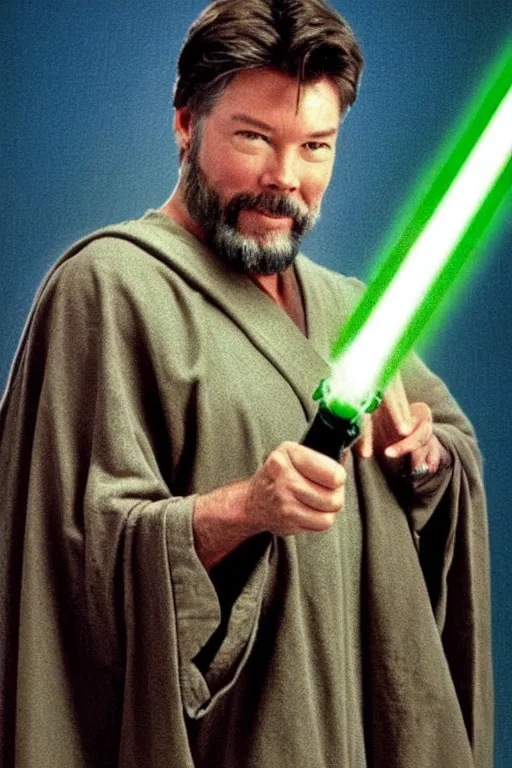 Prompt: photorealistic!! 1 9 9 0's jonathan frakes as a jedi knight, brown jedi robe, holding a green lightsaber, film quality