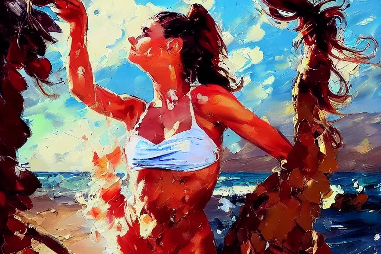 Prompt: girl with a ponytail wearing bikini looking at a hydrogen bomb test, expressive oil painting, digital art, high quality, by michael garmash, by rob rey, by conrad roset, beautiful girl, apocalyptic