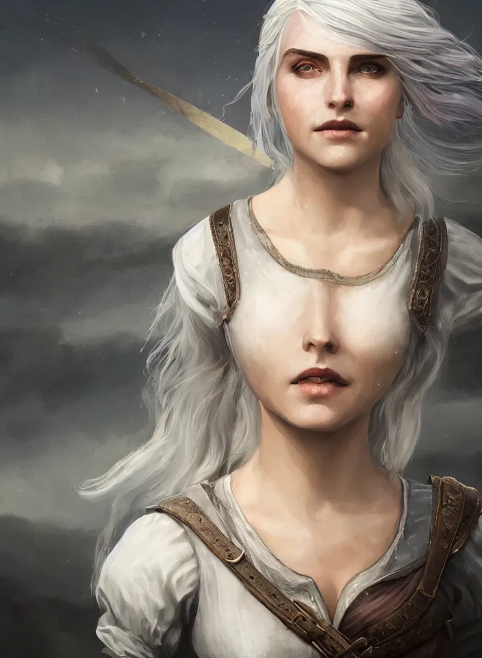 Prompt: a half portrait of ciri from the witcher 3 wearing a white sundress from skyrim, platinum hair, fantasy setting, beautiful face, warm colors, serene lighting, atmospheric, cinematic, moody, in the style of diego koi, gina heyer, luiz escanuela, art by alyssa monk, hyperrealism, rule of thirds, golden ratio, oil on canvas, 8 k