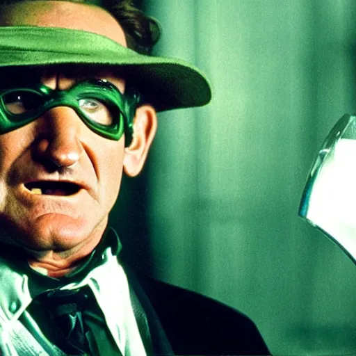 Image similar to award winning awe inspiring movie still of Robin Williams playing The Riddler