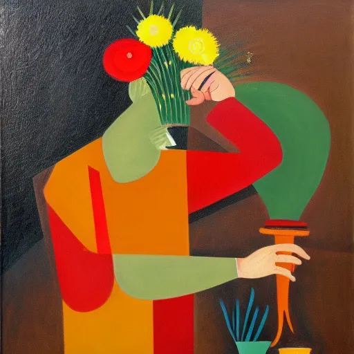 Image similar to man pouring water on head, flowers are in a pot on his head, the pot is part of his head, abstract expressionism, oil on canvas