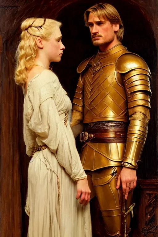 Image similar to attractive fully clothed young jaime lannister confesses his love for his attractive fully clothed brienne of tarth. highly detailed painting by gaston bussiere and j. c. leyendecker 8 k