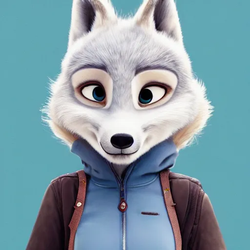 Image similar to upper half portrait, of a anthropomorphic female snow fox, with short fur covering her body and silver eyes, wearing a denim jacket, in the style of zootopia, far shot, 5 feet away