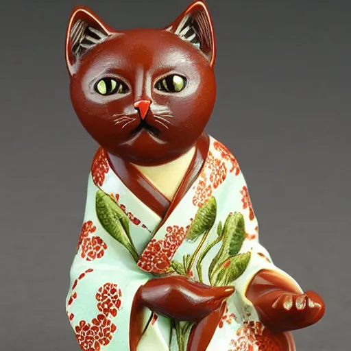 Image similar to demure anthropomorphic cat figurine wearing a kimono, brown resin, highly detailed