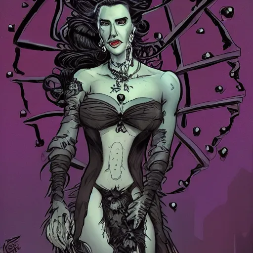 Image similar to Jennifer Connelly as dark fae gothic atompunk evil Disney villain queen with black feather hair, feathers growing out of skin, shedding feathers, in front of space station window, Mike mignola, trending on artstation, comic book cover, illustration