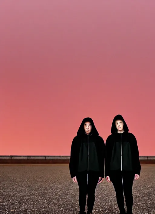 Image similar to cinestill 5 0 d photograph of 2 women wearing black techwear in front of a brutalist sharp - edged metal building, on a desolate plain, red eerie sky, sigma 8 5 mm f / 1. 4, 4 k, depth of field, high resolution, highly detailed, 4 k, 8 k, hd, full color, raw, unedited