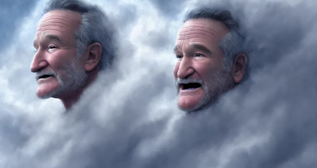 Image similar to robin williams is god, white beard, clouds, heaven, blue eyes, white robe, single subject, intricate, detailed, volumetric lighting, scenery, digital painting, highly detailed, artstation, sharp focus