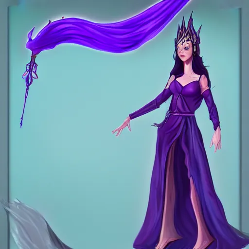 Image similar to mythical goddess from the 4th dimension wearing a comically long dress and robe, purple colors, character concept art, trending on artstation