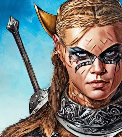 Image similar to Viking female warrior, by MARVEL comics and Sandra Chevrier, 4k