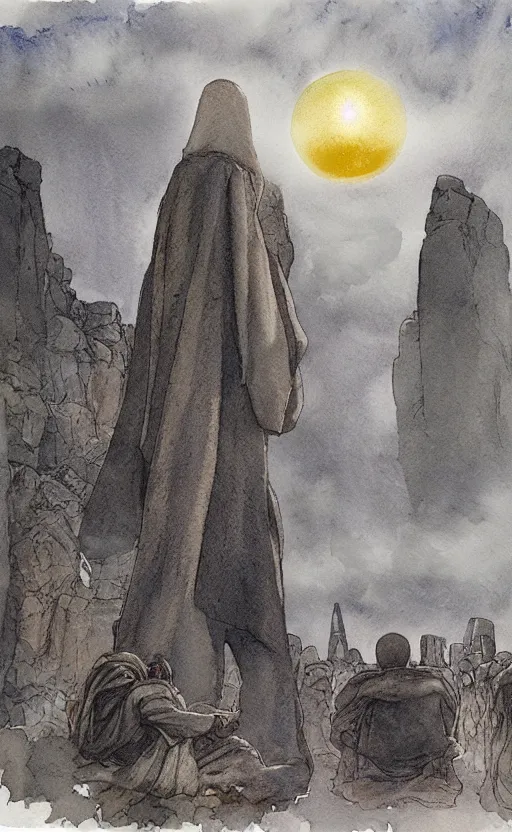 Image similar to a realistic and atmospheric watercolor fantasy concept art of giant monk with an elongated head in grey robes sitting in stonehenge. in the background a ufo is in the sky. by rebecca guay, michael kaluta, charles vess