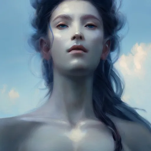 Prompt: a beautiful portrait of a cloud goddess by Greg Rutkowski and Raymond Swanland, birds in the background, Trending on Artstation, ultra realistic digital art