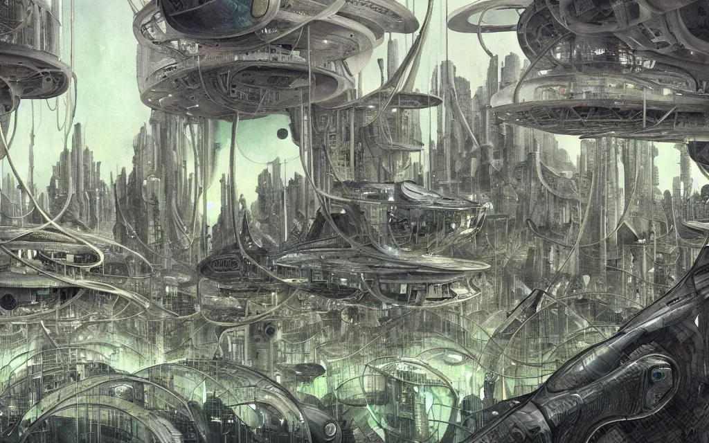 Image similar to futurist high tech colony, perfect future, award winning art by santiago caruso, iridescent color palette