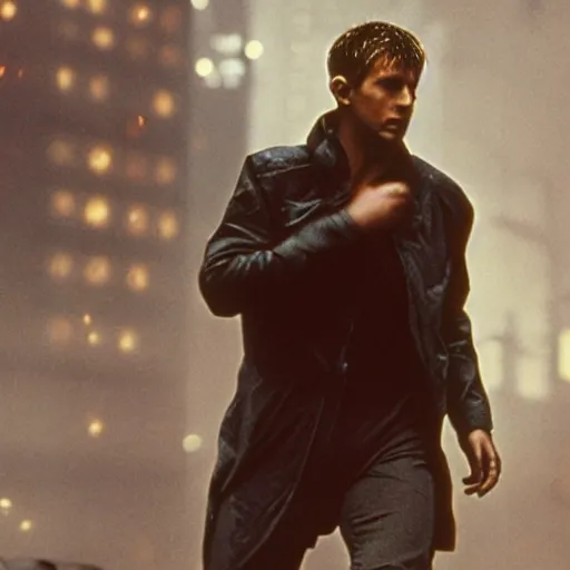 Image similar to film still blade runner with a man in a techwear outfit