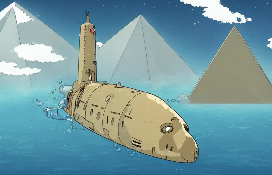 Image similar to a realistic studio ghibli cell shaded cartoon showing a submarine in front of a white pyramid with a gold capstone underwater at the bottom of the sea. wide shot, very dull muted colors, hd, 4 k, hq