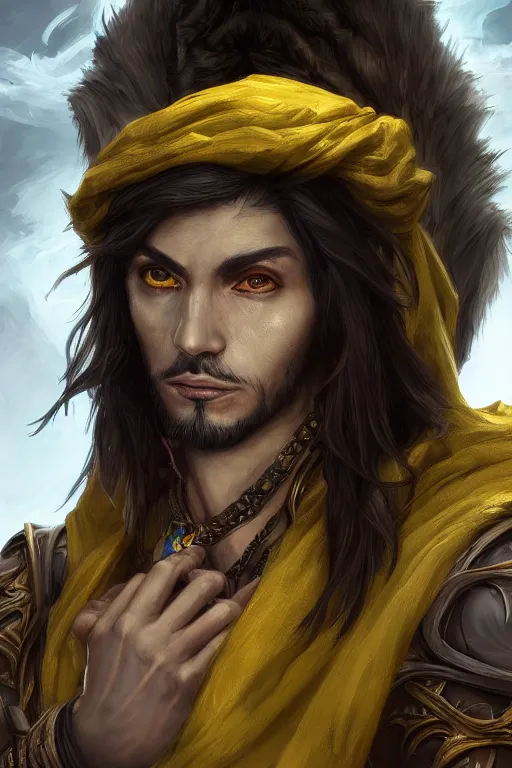 Prompt: portrait of young wild arabian nomad half werewolf, with yellow cloths, league of legends splash art, castlevania, hearthstone splash art, full body shot, rule of thirds, ultrafine hyperrealistic detailed face, artgerm, greg rutkowski, trending on artstation, 8 k, intricately detailed, highly detailed