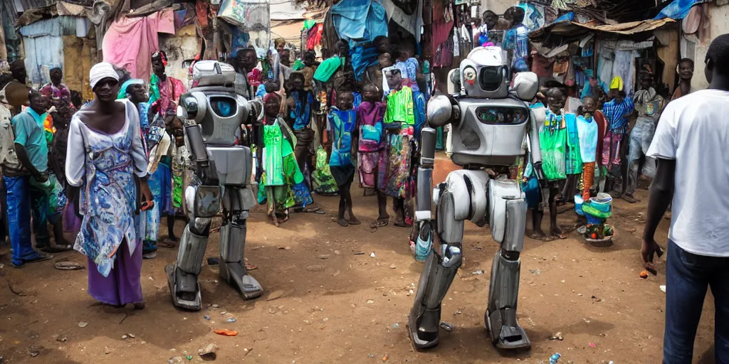 Image similar to mecha robot in Ajegunle slum of Lagos conversing with African Jesus Christ about beauty under a large UFO beaming a neon ray of light,