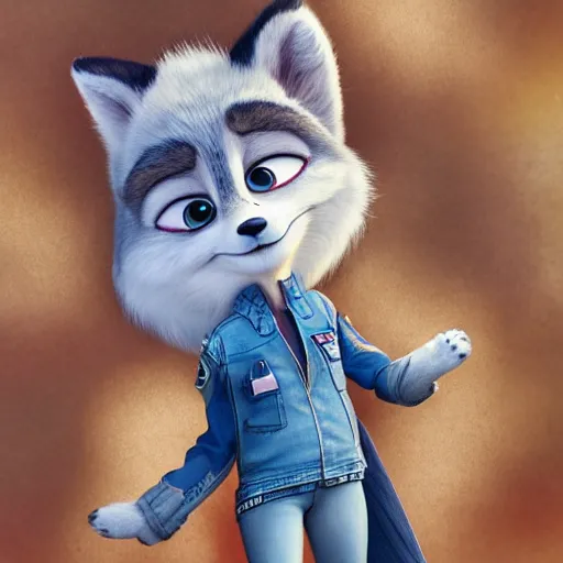 Image similar to upper half portrait, of a anthropomorphic female snow fox, with short fur covering her body and silver eyes, wearing a denim jacket, in the style of zootopia, far shot,