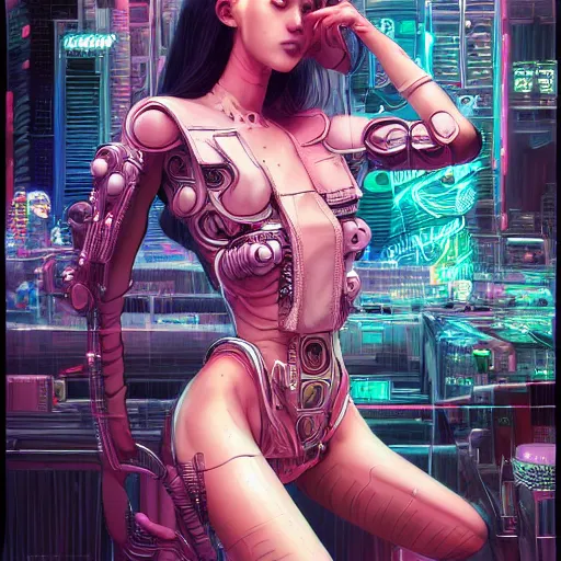 Prompt: the portrait of an absurdly beautiful, graceful, sophisticated, fashionable cyberpunk gynoid gravure idol, an ultrafine hyperdetailed illustration by kim jung gi, irakli nadar, intricate linework, neon colors, porcelain skin, unreal engine 5 highly rendered, global illumination, radiant light, detailed and intricate environment