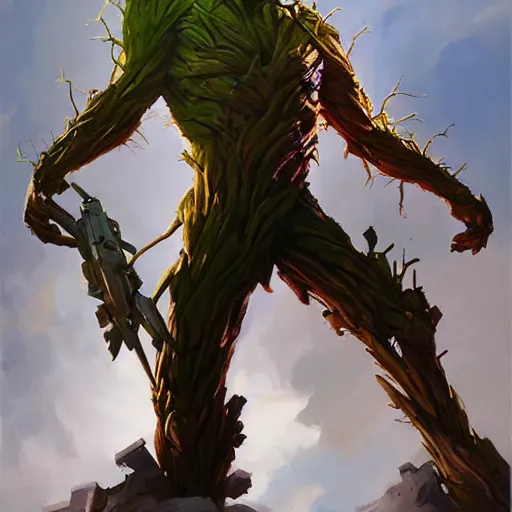 Image similar to greg manchess portrait painting of armored groot as overwatch character, medium shot, asymmetrical, profile picture, organic painting, sunny day, matte painting, bold shapes, hard edges, street art, trending on artstation, by huang guangjian and gil elvgren and sachin teng