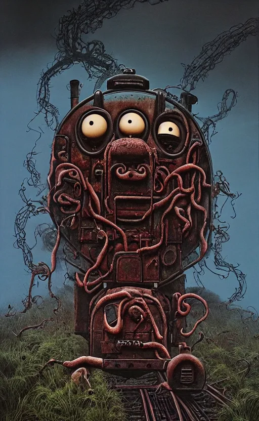 Image similar to thomas the tank engine in style of zdzisław beksinski, extremely dramatic lighting, 8 k, tendrils, black, darkness, black slime tendrils, infected, rust, body horror, thomas the train, thomas the tank engine face, horror,