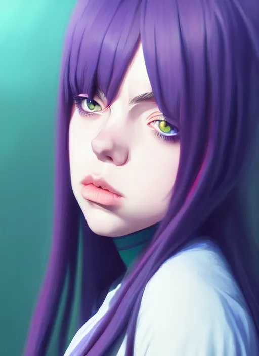 Prompt: a potrait of billie eilish as an anime, fine, realistic, shaded, lighting, ilya, kuvshinov, katsuhiro, artgerm, jeremy, lipkin, michael, garmash detailed digital art, radiant, light, detailed, intricate, environment