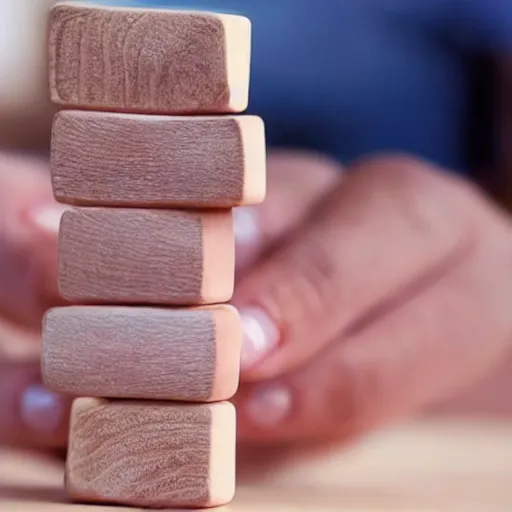 Prompt: photo of a girl's hand with beautiful fingernails made out of jenga blocks