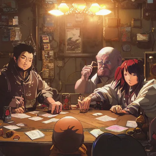 Image similar to precisely drawn illustration of anime group of dwarfs playing cards, wide angle, sharp, fine details, anime, manga, cyberpunk, realistic shaded lighting by katsuhiro otomo ghost-in-the-shell, magali villeneuve, artgerm, rutkowski Jeremy Lipkin and Giuseppe Dangelico Pino and Michael Garmash and Rob Rey