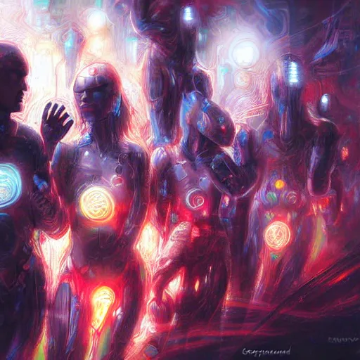 Image similar to cybernetic beings connecting to the global network by raymond swanland, highly detailed, bright tones