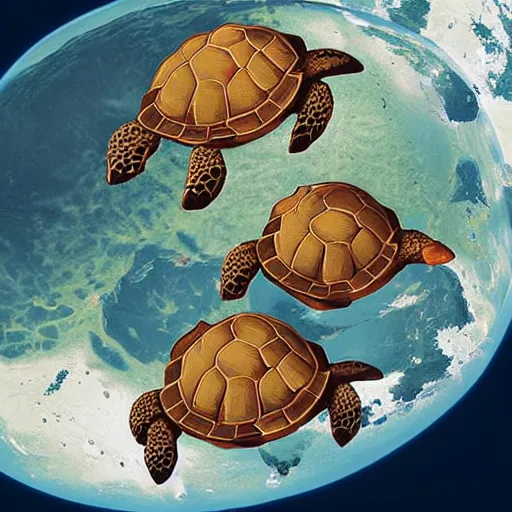 Image similar to a stack of turtles in space beneath a globe of the earth, earth globe on top