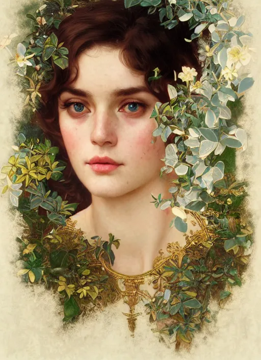Image similar to hyper realistic photographer looking through a vintage camera, design on white background, beautiful details, lush foliage, gold, drawn by john singer sargent, tom bagshaw, norman rockwell, alphonso mucha, lolish, trending on artstation