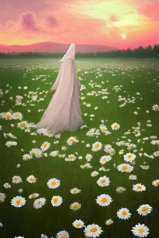 Prompt: giant white daisy flowers as head, veiled girl walking in a flower field, surreal photography, sunrise, dramatic light, impressionist painting, colorful clouds, digital painting, artstation, simon stalenhag