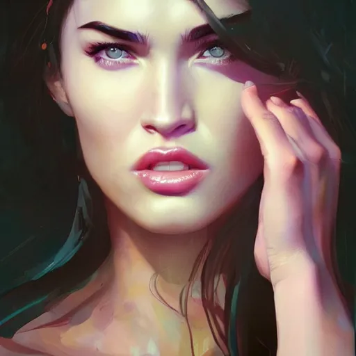 Image similar to megan fox, colorful oil painting by greg rutkowski, charlie bowater, yuumei, yanjun cheng, unreal 5, daz, hyperrealistic, octane render, rpg portrait, dynamic lighting, fantasy art, beautiful face