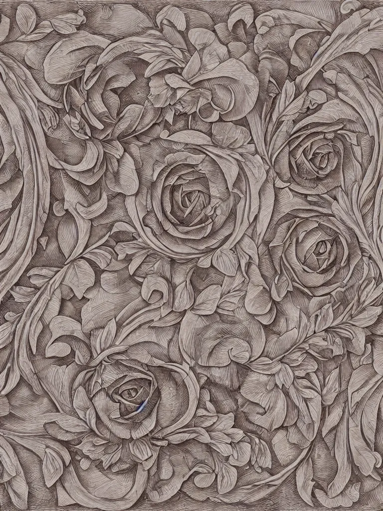 Prompt: beautiful decorative classical ornament fibonacci rhythms, roses, rose petals, leaves, stems, highly detailed etching, rendered in octane