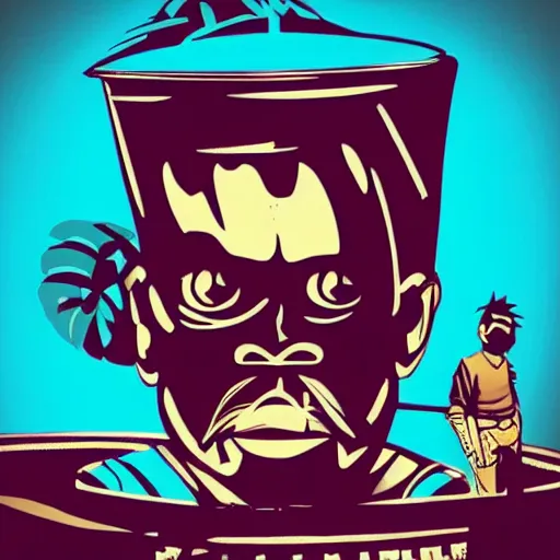 Image similar to gorillaz art depicting pancho villa in a giant cup of tea