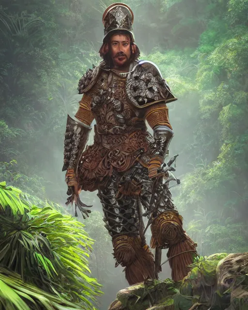 Prompt: ultra realistic illustration of a spanish conquistador wearing ornate armor in a dense foggy jungle environment by artgerm and miyazaki, octane, studio ghibli color scheme, intricate, portrait, anatomy, artstation, cinematic lighting, sharp focus, portrait, concept art, game art