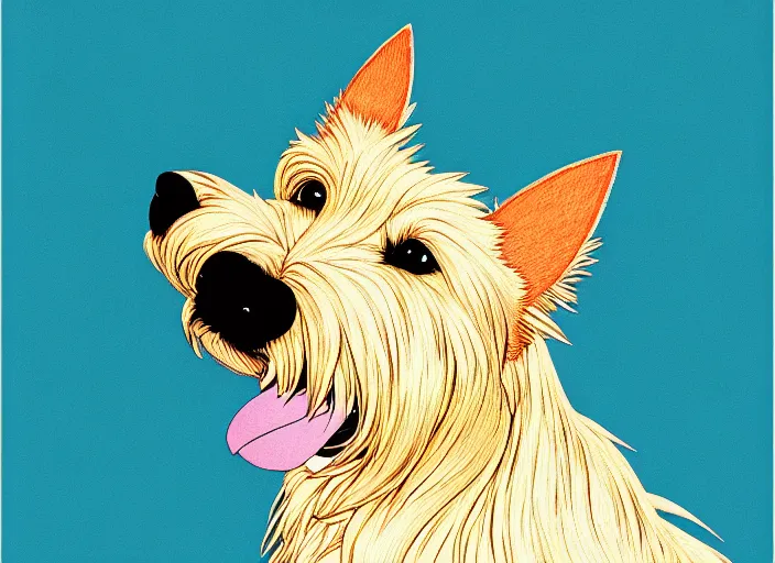 Prompt: portrait of blond terrier, anime, shigeto koyama,jean giraud, manga, 28mm lens, vibrant high contrast, gradation, cinematic, rule of thirds, great composition, intricate, detailed, flat, matte print, sharp,clean lines,masakazu katsura