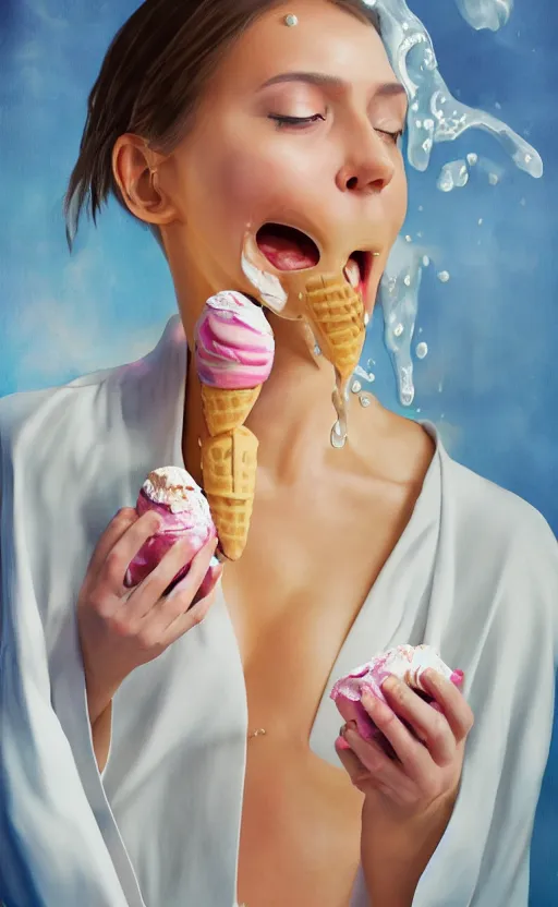 Image similar to portrait of a girl, in a silk robe, ice cream dripping down her top to bottom, oil coming out of her mouth, hyperrealistic, hightech