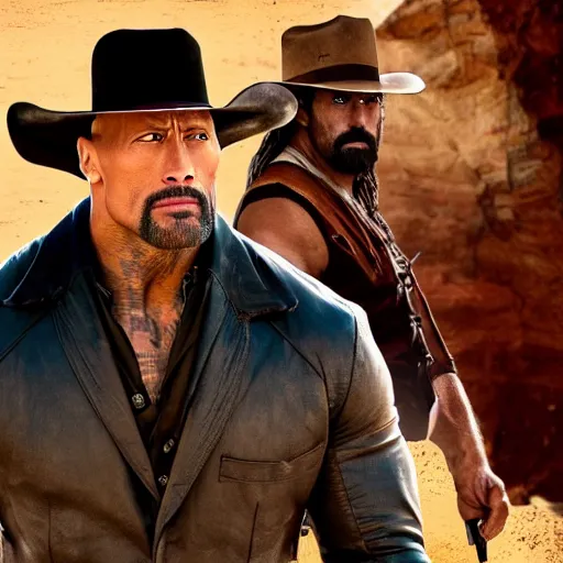 Prompt: Dwayne Johnson starring in a western movie, in a saloon with long moustache gritty tone