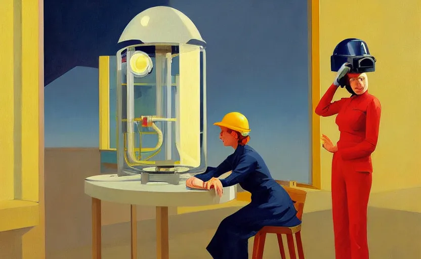 Image similar to Portrait of a woman Scientist with helmet, very coherent, painted by Edward Hopper, painted by James Gilleard, airbrush, art by JamesJean