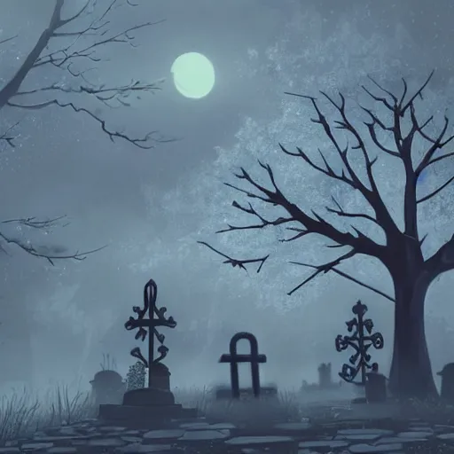 Prompt: a lonely graveyard at night, the moon shine is falling on a specific grave with a sakura tree beneath it, its raining and the atmosphere is oppressive, by aleksandra waliszewska and aoi ogata, high detail concept art, cinematic atmosphere