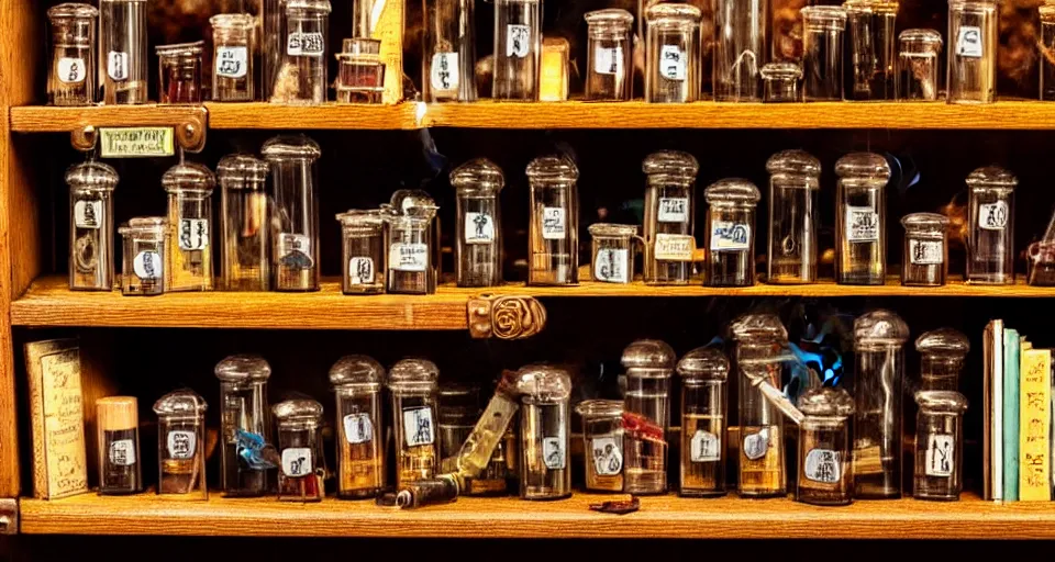 Image similar to a bookshelf of wonderful magical experiments, located in a wizard's shop, full of trinkets and magical potions flasks vials, bubbling liquids, smoking vessels