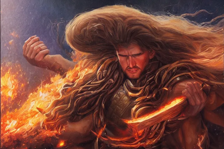 Prompt: a beautiful alex trebek with long curly blond hair brutally destroys his enemies on the battlefield, wrath flame and ruin, oil painting, trending on artstation