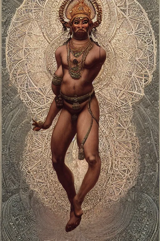 Image similar to a full body portrait of a beautiful ornated hanuman god, meditative sacral pose, hindu stages of meditation, intricate, elegant, highly detailed, line art!!!!, artstation, concept art, smooth, sharp focus, illustration, art by krenz cushart and artem demura and alphonse mucha