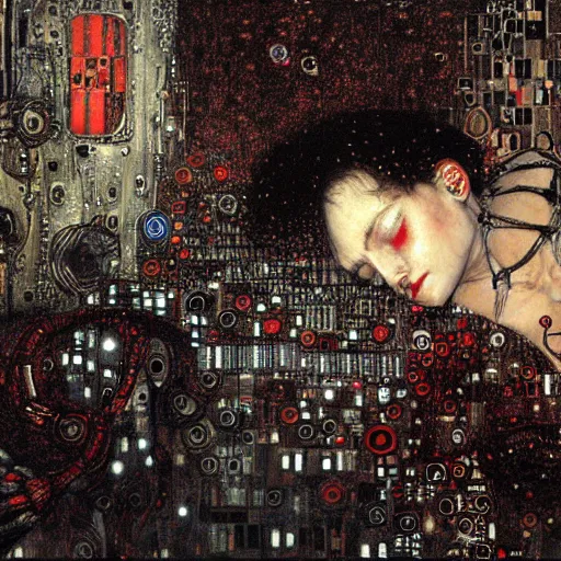 Image similar to cybernetic vampire sleeping in circuits, intricate detail, klimt, royo, whealan,