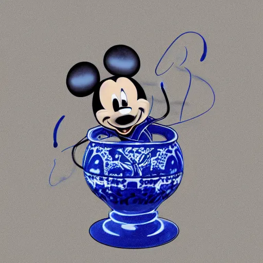Image similar to a delft blue vase with a happy mickey mouse depicted on it ; extremely detailed ; trending on artstation
