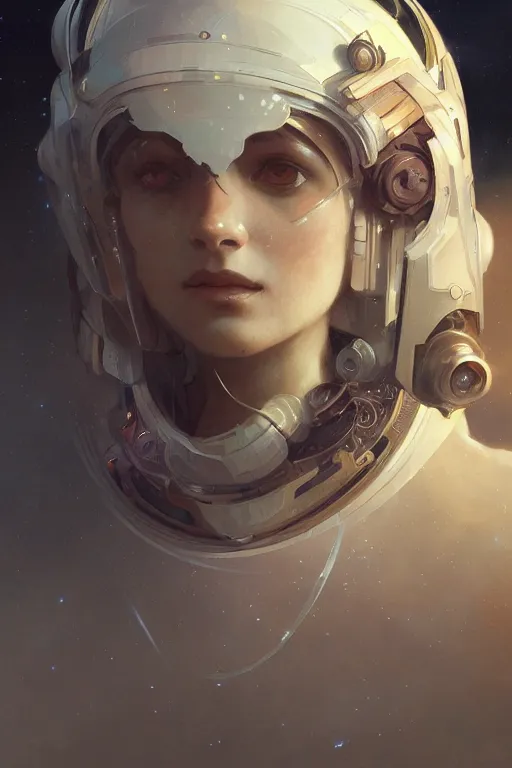 Image similar to A full portrait of a scifi explorer, intricate, elegant, highly detailed, digital painting, artstation, concept art, smooth, sharp focus, illustration, art by Krenz Cushart and Artem Demura and alphonse mucha