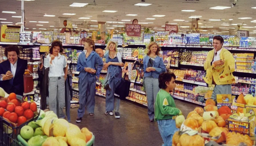 Image similar to 1990s candid photo of a beautiful day at the grocery store, cinematic lighting, cinematic look, golden hour, large costumed mascot business people giving space presentations to families, Enormous personified business people with outstandingly happy faces coming out of a portal and talking to families about planets and galaxies, floating tiny planets, UHD