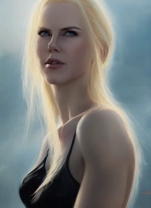 Image similar to girl looks like nicole kidman with pale white skin and long blonde hair, muscular upper body, beautiful highly detailed face, complementary lighting, backlit, black eyeshadow, dark eyes, adventure, dramatic lighting, landscape background, beautiful painting by artgerm and greg rutkowski and raymond swanland