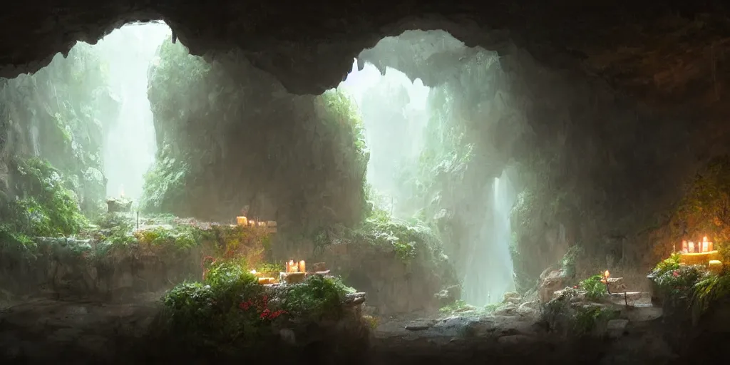 Prompt: cozy, empty bathhouse hidden in a cave, small space!!!!!, vibrant, candlelight, towels, cushions, natural light, lush plants and flowers!!!, elegant, smooth cave rock, fantasy, atmospheric lighting, digital painting, Greg Rutkowski, concept art